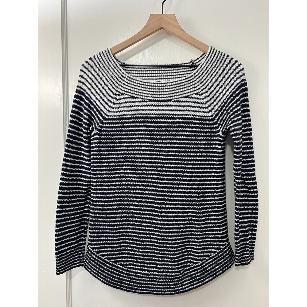 LOFT Women's Navy White Stripe Curved Hem Sweater Size XS